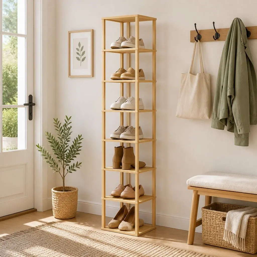 8-Tier Shoe Rack Stackable Storage Organizer for Home Pine Wood Frame