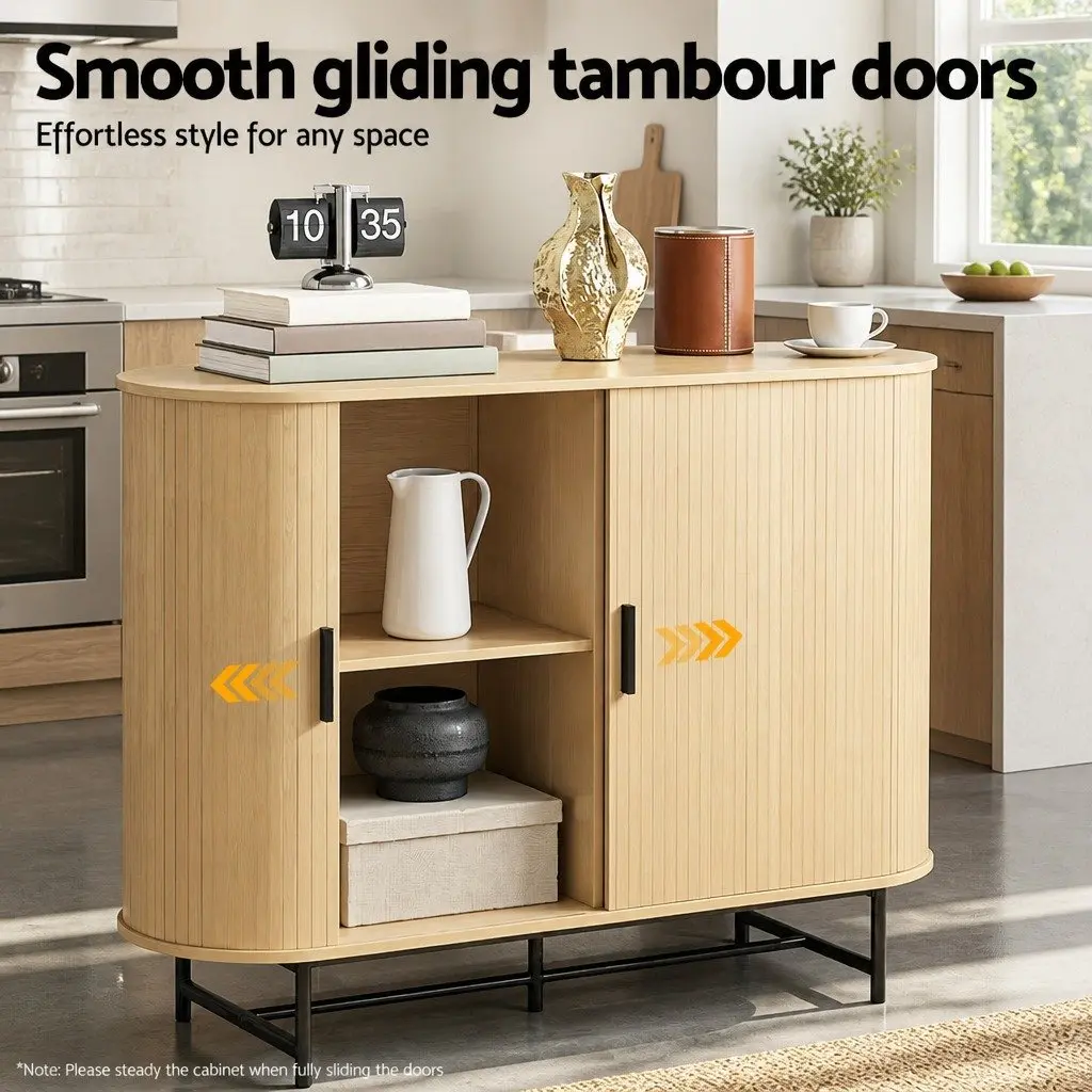 Buffet Sideboard Storage Cabinet 2-Door Sliding Fluted Doors Oak Dining Room