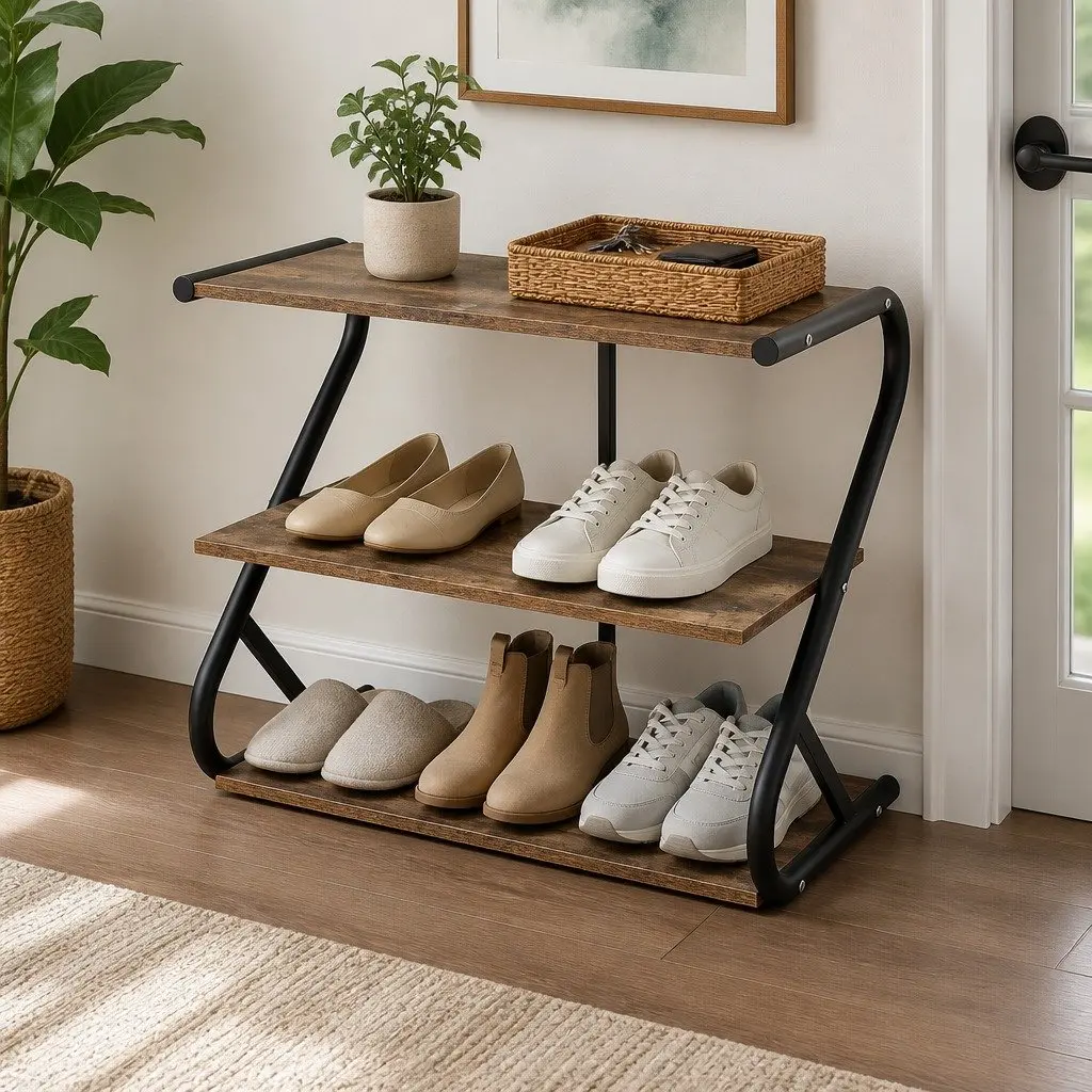 Shoe Rack Cabinet 3 Tier Storage Stand Organizer Walnut Open Shelving Design