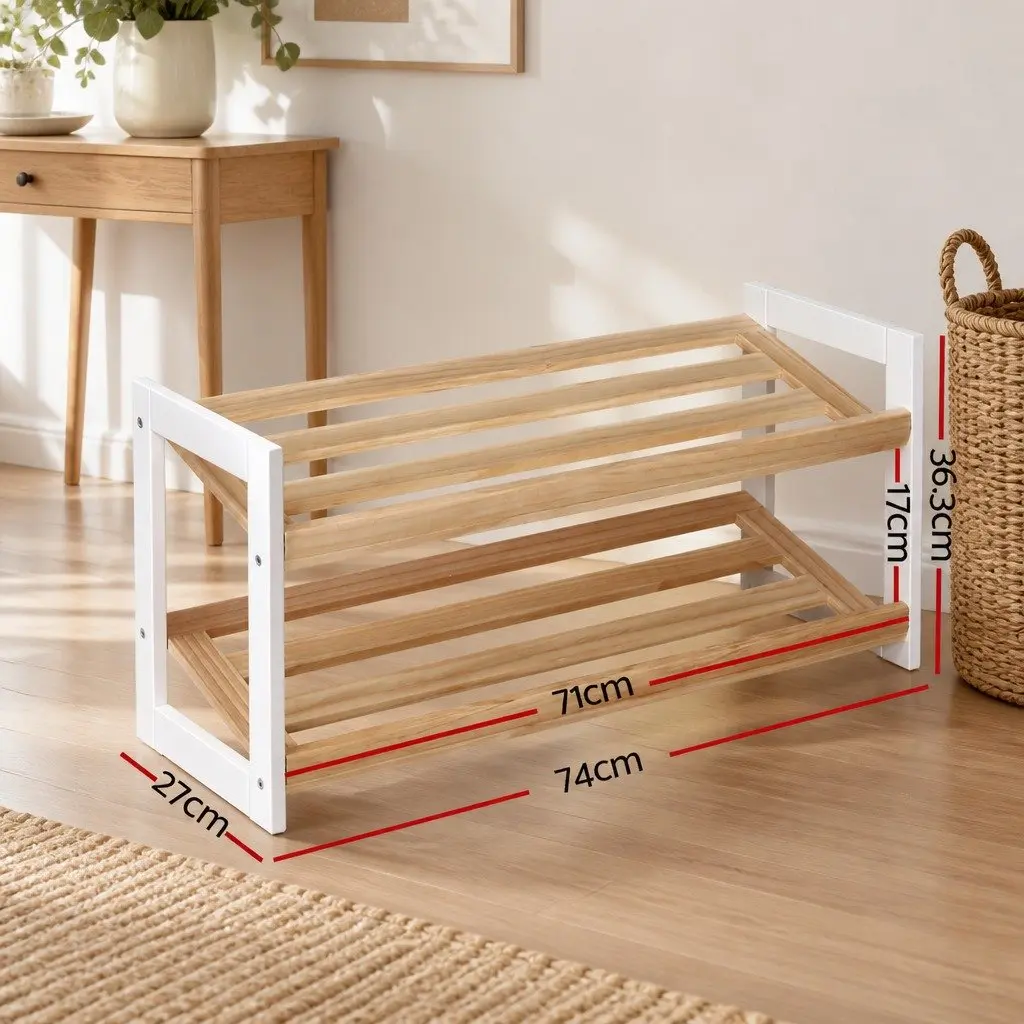 Shoe Rack 2 Tier 6 Pairs Storage Organizer Pine White Entryway Hallway Bedroom