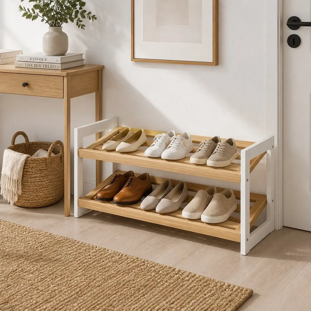 Shoe Rack 2 Tier 6 Pairs Storage Organizer Pine White Entryway Hallway Bedroom