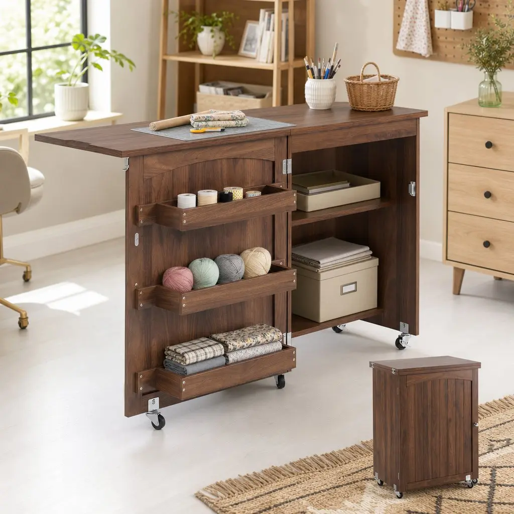Folding Sewing Table Rolling Work Desk Craft Station Storage Brown Multipurpose