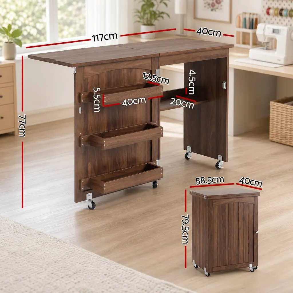 Folding Sewing Table Rolling Work Desk Craft Station Storage Brown Multipurpose