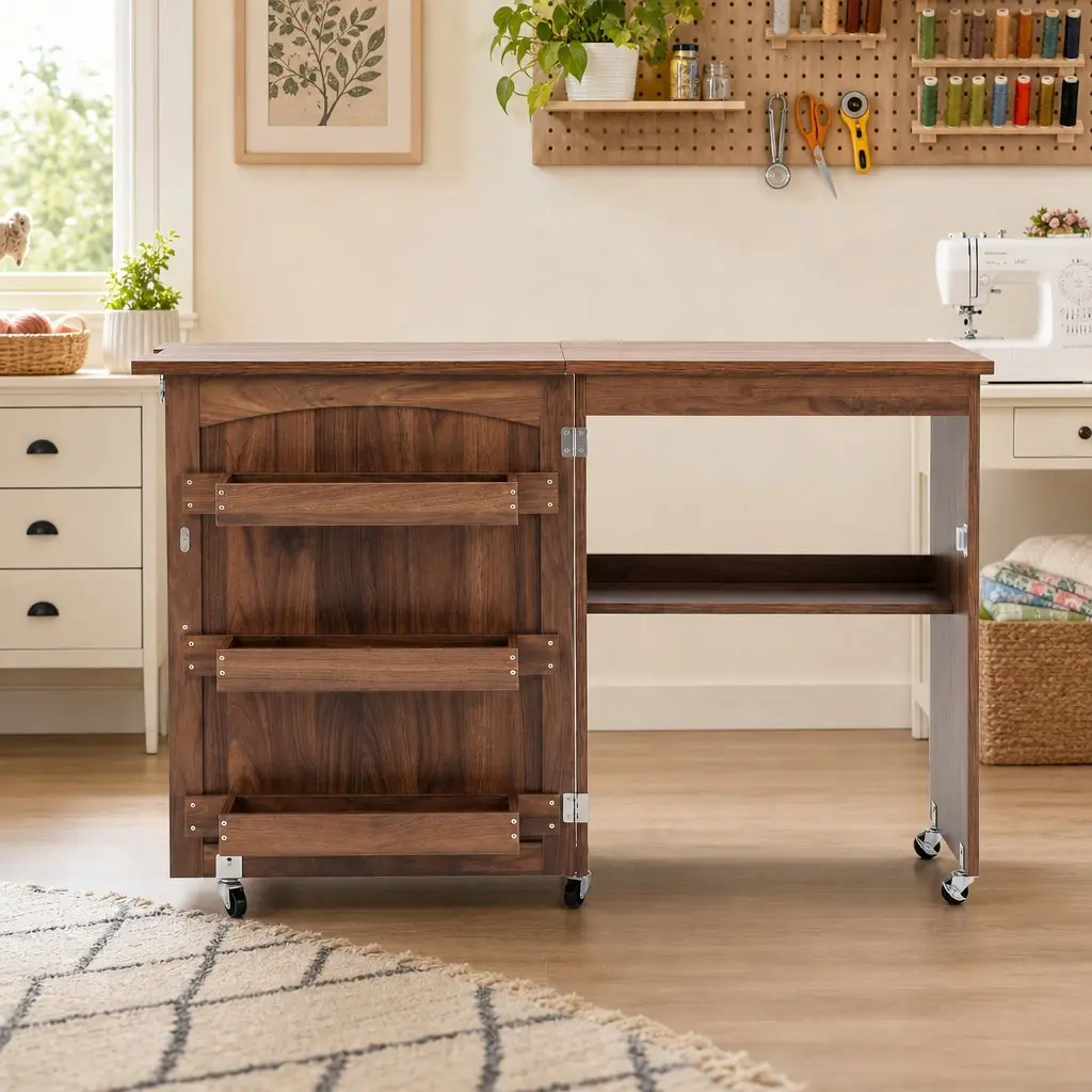Folding Sewing Table Rolling Work Desk Craft Station Storage Brown Multipurpose