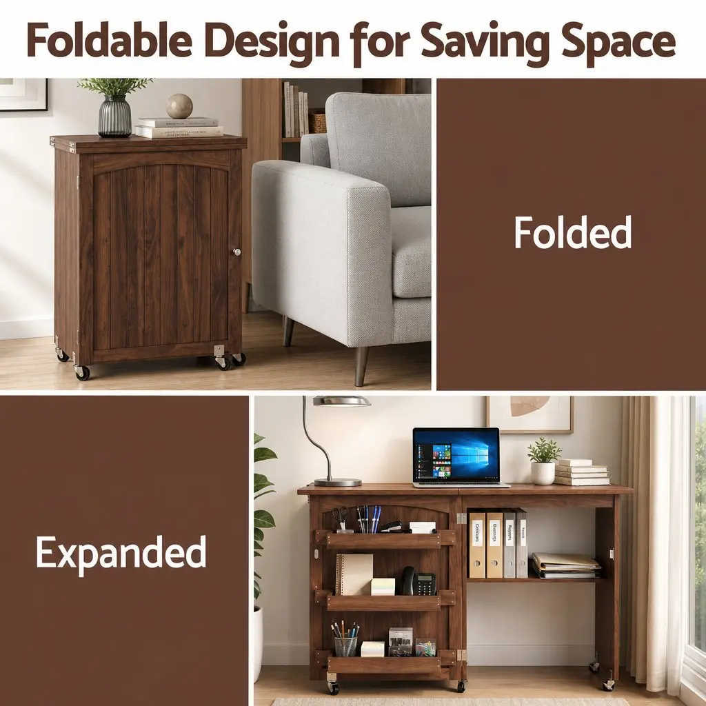 Folding Sewing Table Rolling Work Desk Craft Station Storage Brown Multipurpose