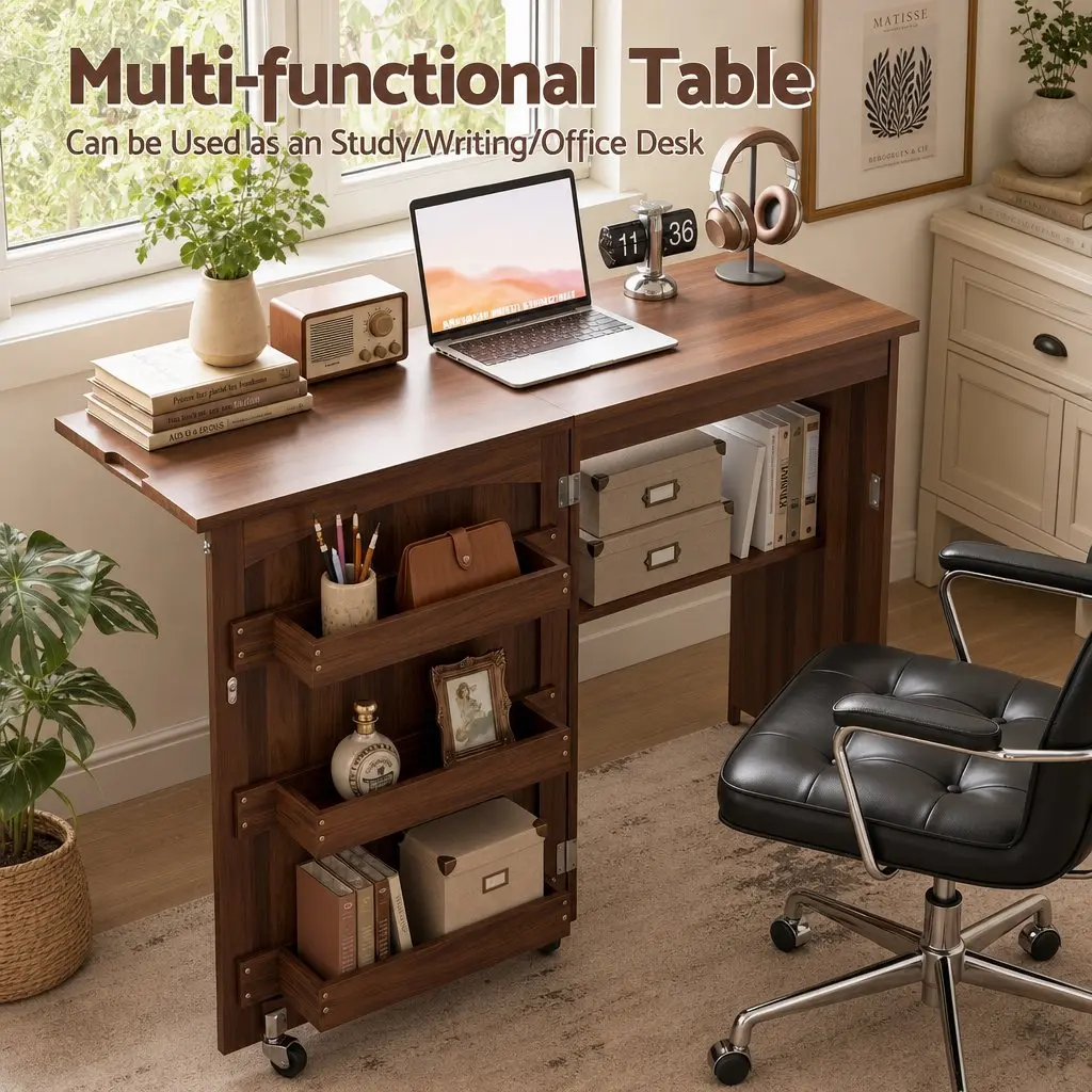 Folding Sewing Table Rolling Work Desk Craft Station Storage Brown Multipurpose