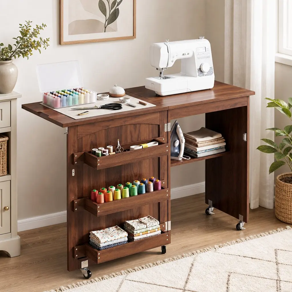 Folding Sewing Table Rolling Work Desk Craft Station Storage Brown Multipurpose
