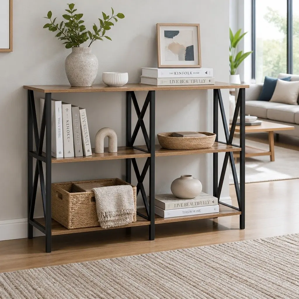 Console Table 120CM 3-Tier Industrial Storage Shelves Walnut Black Metal Frame