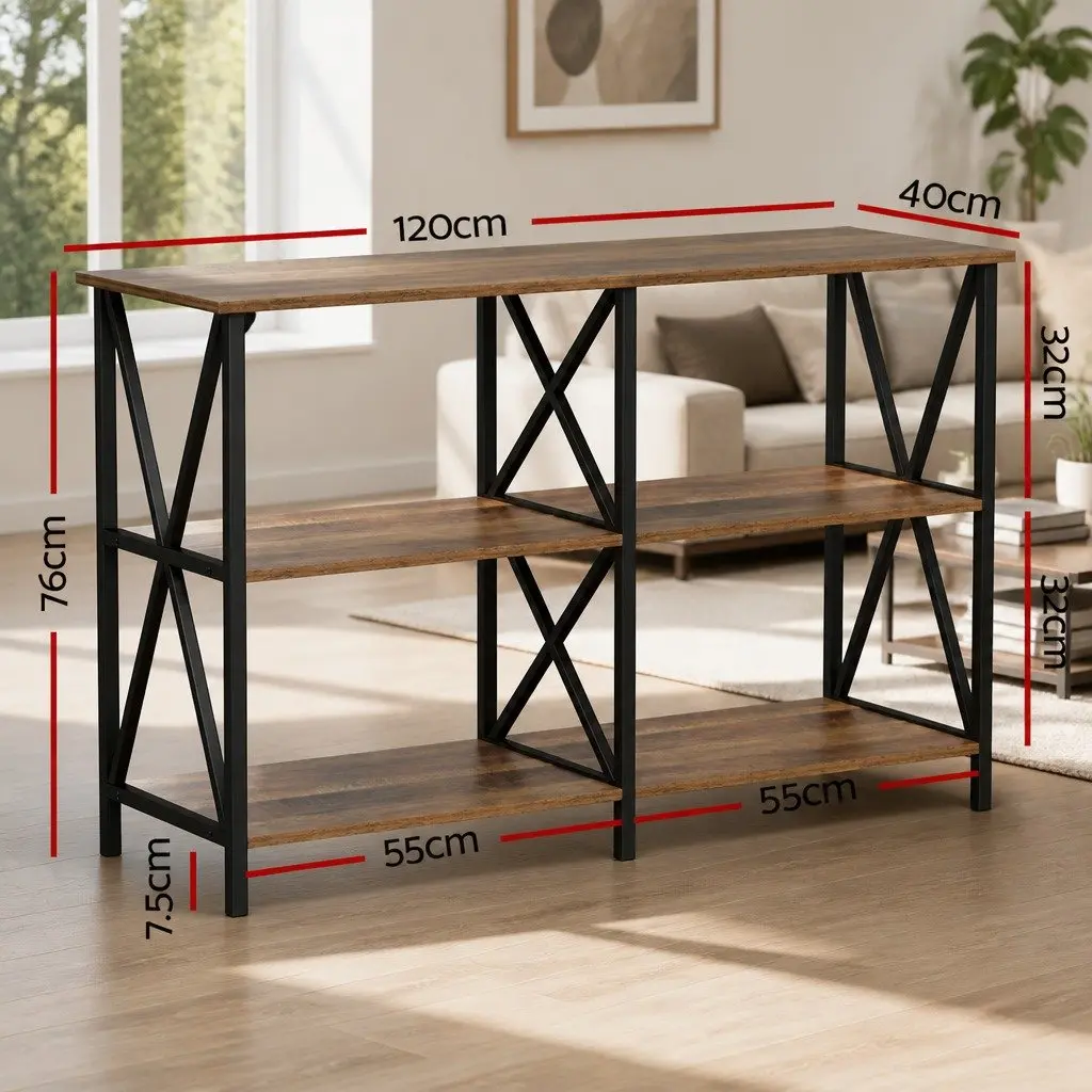 Console Table 120CM 3-Tier Industrial Storage Shelves Walnut Black Metal Frame