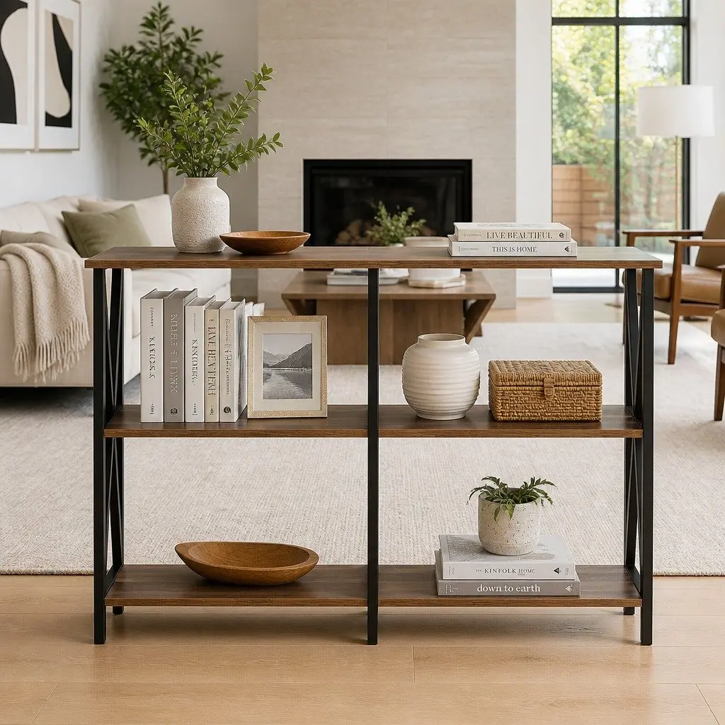 Console Table 120CM 3-Tier Industrial Storage Shelves Walnut Black Metal Frame