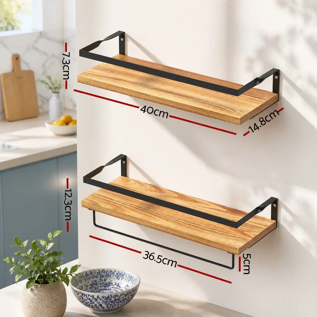 Floating Wall Shelf Set of 2 Pine Wood Storage Display for Kitchen Bathroom Living Room 40cm x 14.8cm x 7.3cm and 40cm x 14.8cm x 12.3cm