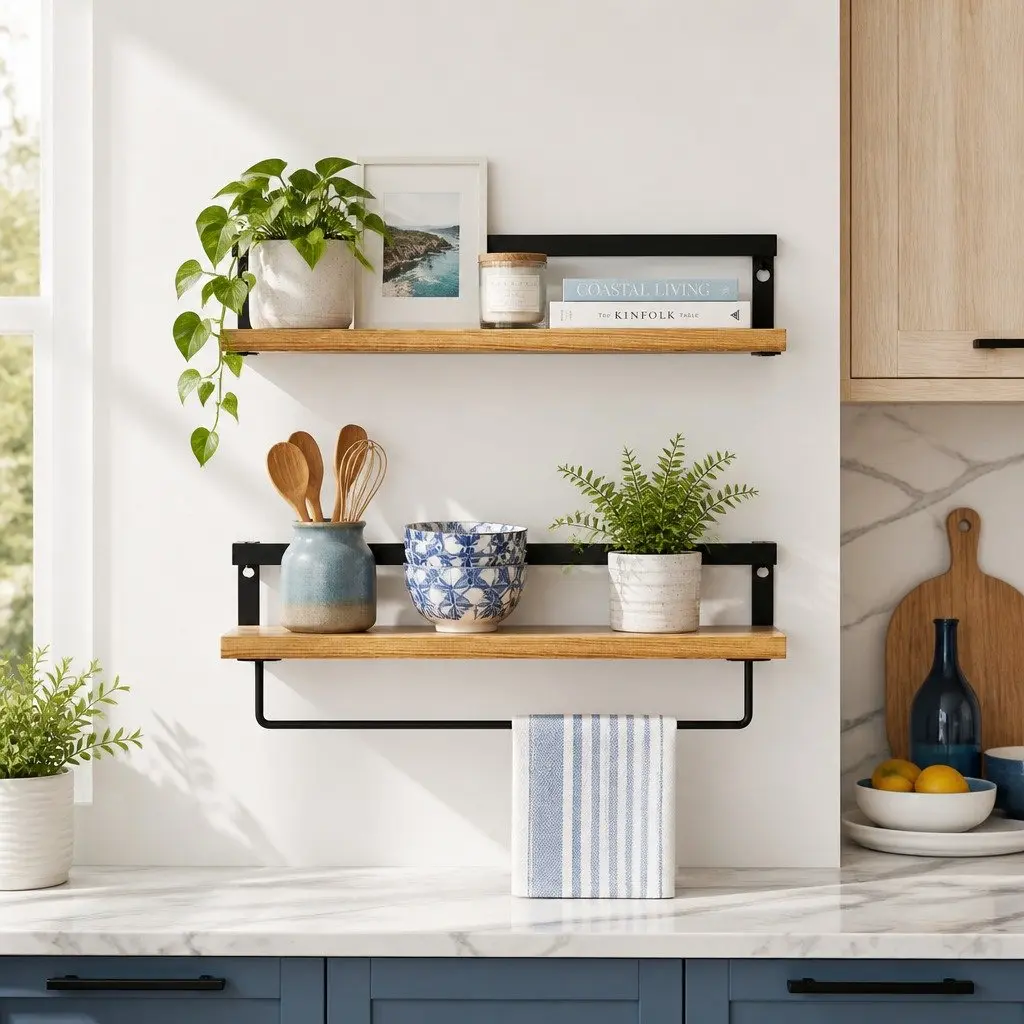 Floating Wall Shelf Set of 2 Pine Wood Storage Display for Kitchen Bathroom Living Room 40cm x 14.8cm x 7.3cm and 40cm x 14.8cm x 12.3cm
