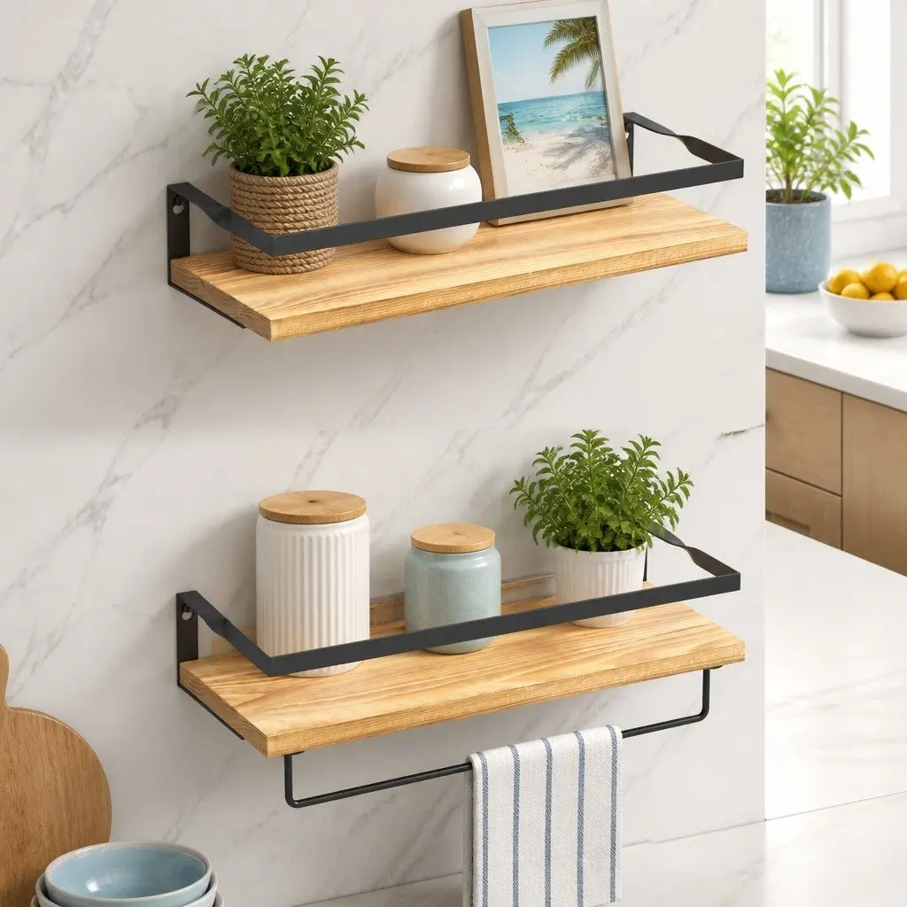 Floating Wall Shelf Set of 2 Pine Wood Storage Display for Kitchen Bathroom Living Room 40cm x 14.8cm x 7.3cm and 40cm x 14.8cm x 12.3cm