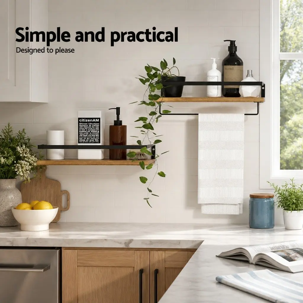 Floating Wall Shelf Set of 2 Pine Wood Storage Display for Kitchen Bathroom Living Room 40cm x 14.8cm x 7.3cm and 40cm x 14.8cm x 12.3cm