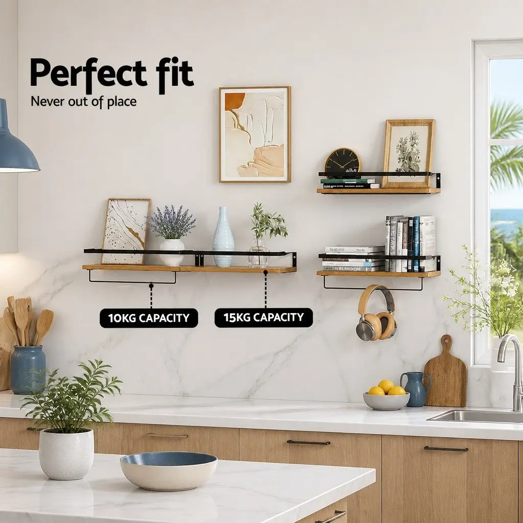 Floating Wall Shelf Set of 2 Pine Wood Storage Display for Kitchen Bathroom Living Room 40cm x 14.8cm x 7.3cm and 40cm x 14.8cm x 12.3cm