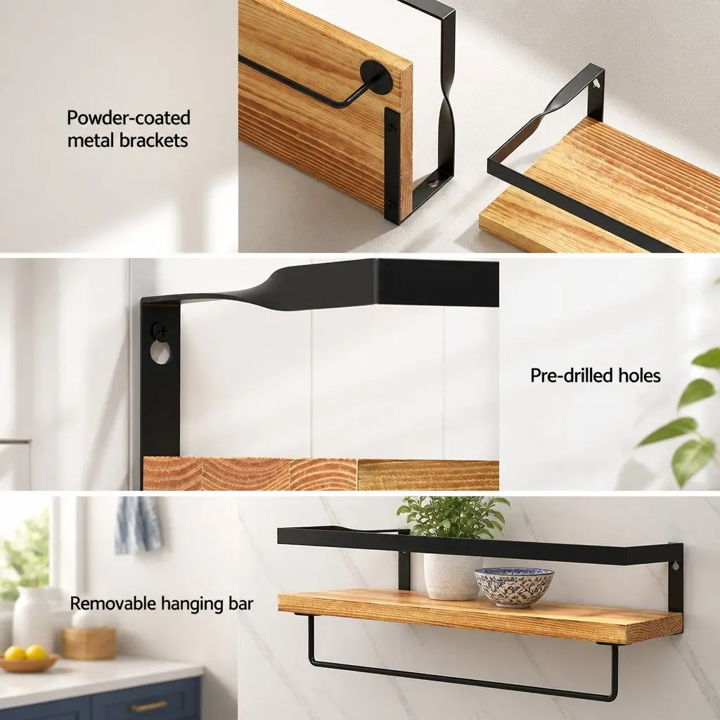Floating Wall Shelf Set of 2 Pine Wood Storage Display for Kitchen Bathroom Living Room 40cm x 14.8cm x 7.3cm and 40cm x 14.8cm x 12.3cm
