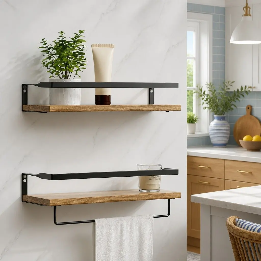 Floating Wall Shelf Set of 2 Pine Wood Storage Display for Kitchen Bathroom Living Room 40cm x 14.8cm x 7.3cm and 40cm x 14.8cm x 12.3cm