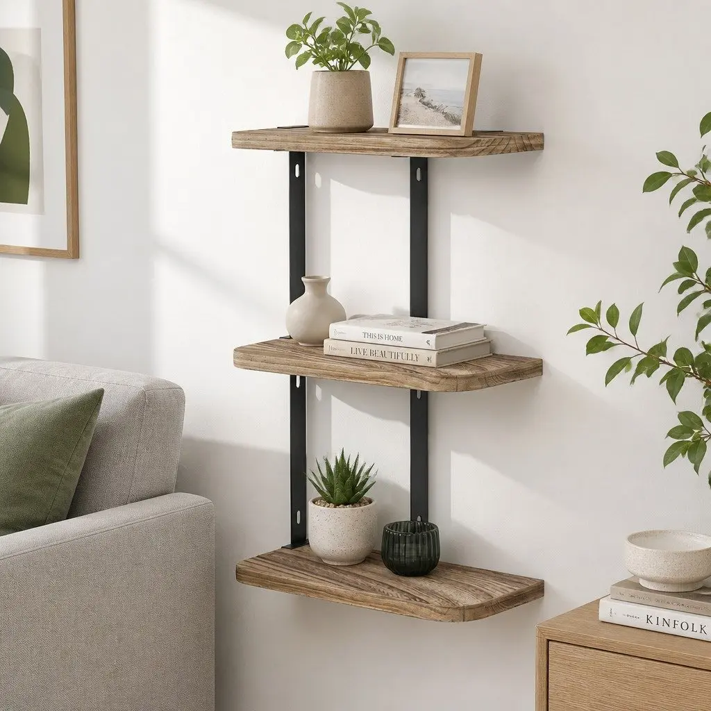 Floating Wall Shelf 3-Tier Storage Display Shelves Home Organiser Rust Oak Black