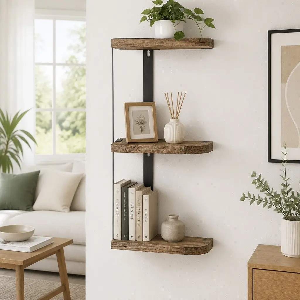 Floating Wall Shelf 3-Tier Storage Display Shelves Home Organiser Rust Oak Black 26cm W x 13cm D x 43.7cm H
