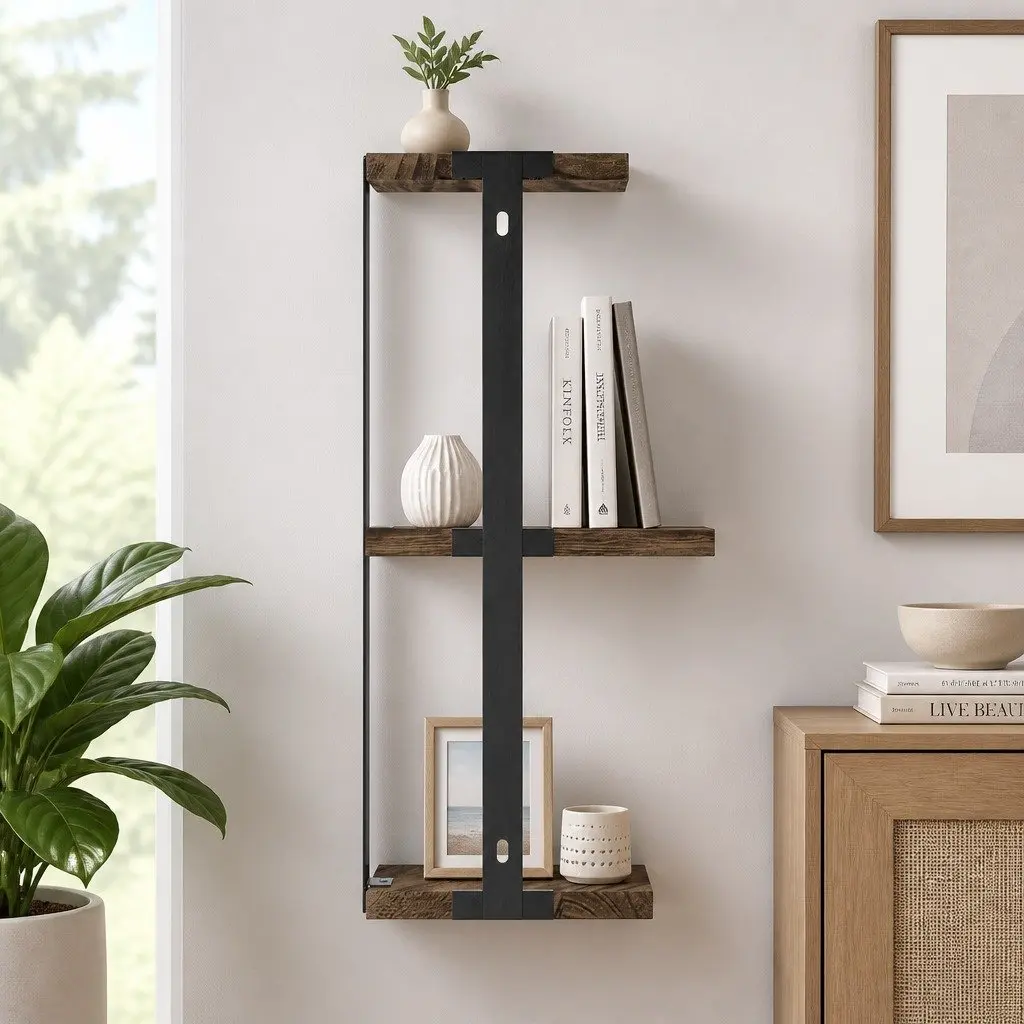 Floating Wall Shelf 3-Tier Storage Display Shelves Home Organiser Rust Oak Black 26cm W x 13cm D x 43.7cm H