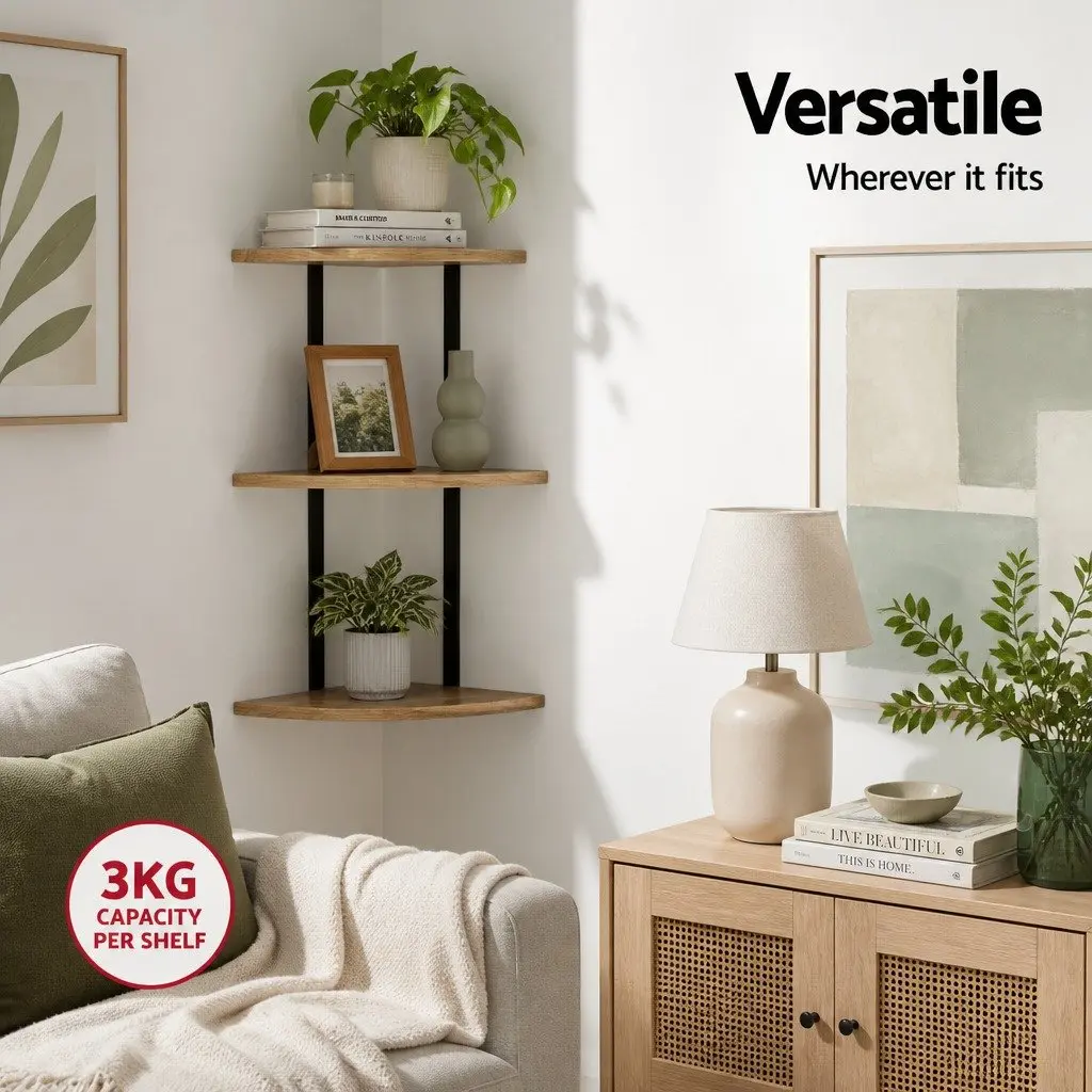 Floating Wall Shelf 3-Tier Storage Display Shelves Home Organiser Rust Oak Black 26cm W x 13cm D x 43.7cm H