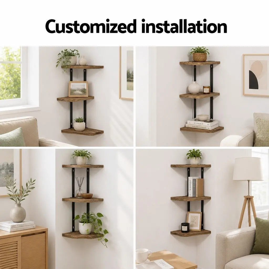 Floating Wall Shelf 3-Tier Storage Display Shelves Home Organiser Rust Oak Black 26cm W x 13cm D x 43.7cm H
