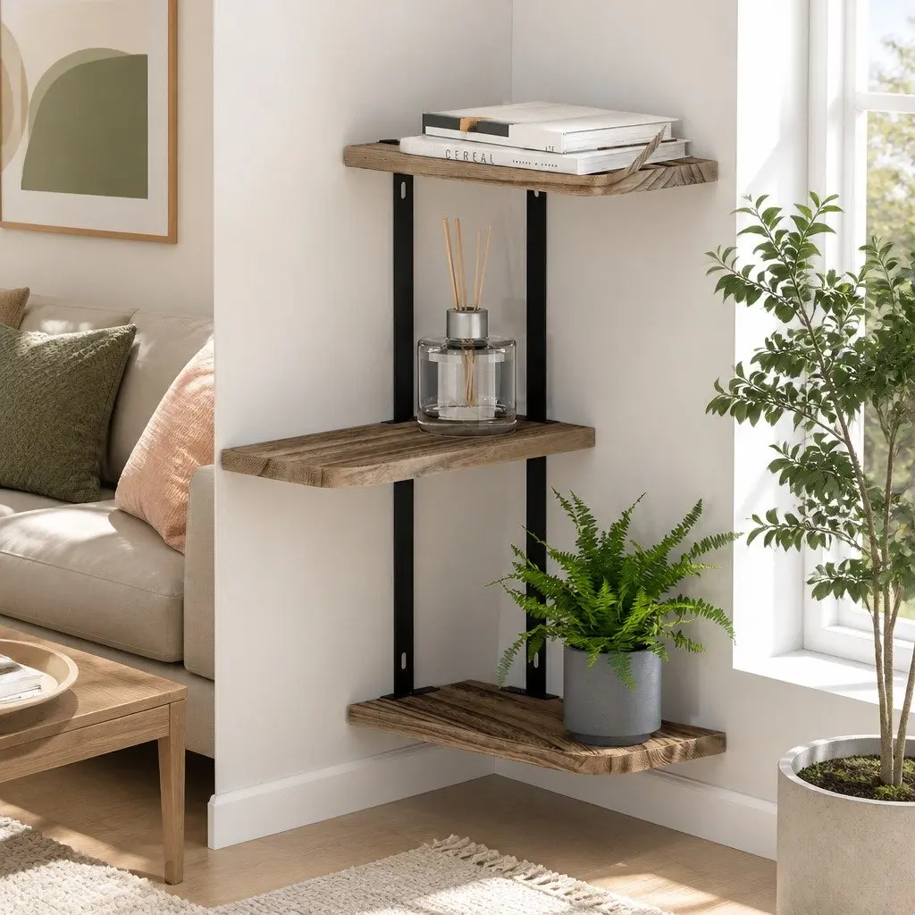 Floating Wall Shelf 3-Tier Storage Display Shelves Home Organiser Rust Oak Black 26cm W x 13cm D x 43.7cm H