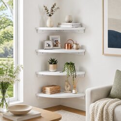 4 Piece Corner Floating Wall Shelf White Display Rack Wall Mounted Storage