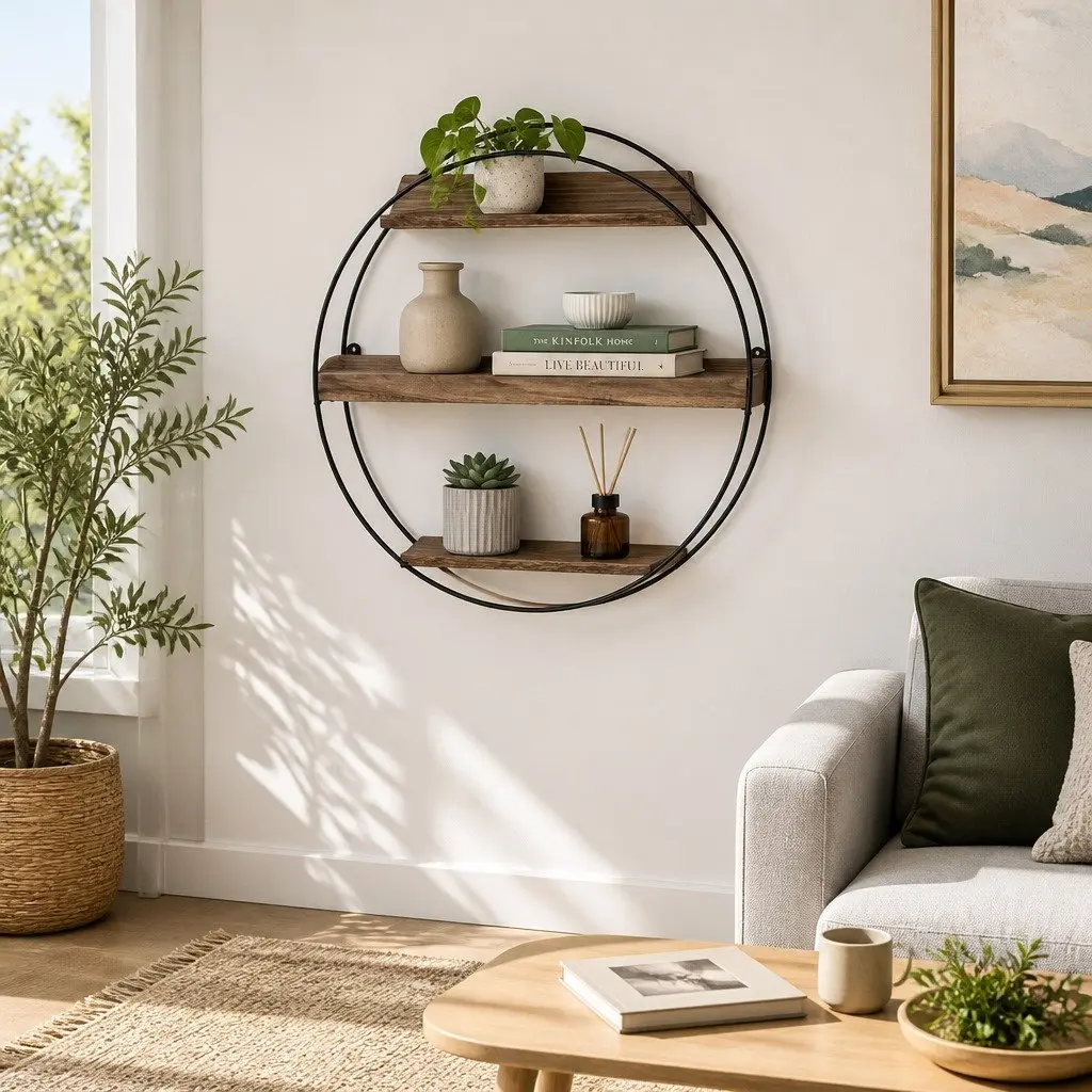 Floating Wall Shelf Round 3-Tier Corner Storage Shelves Easy Install Rust Oak
