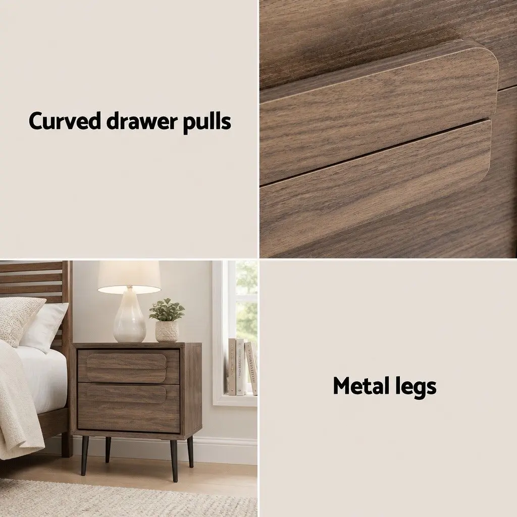 Bedside Table Nightstand 2 Drawers Walnut Bedroom Storage Organiser