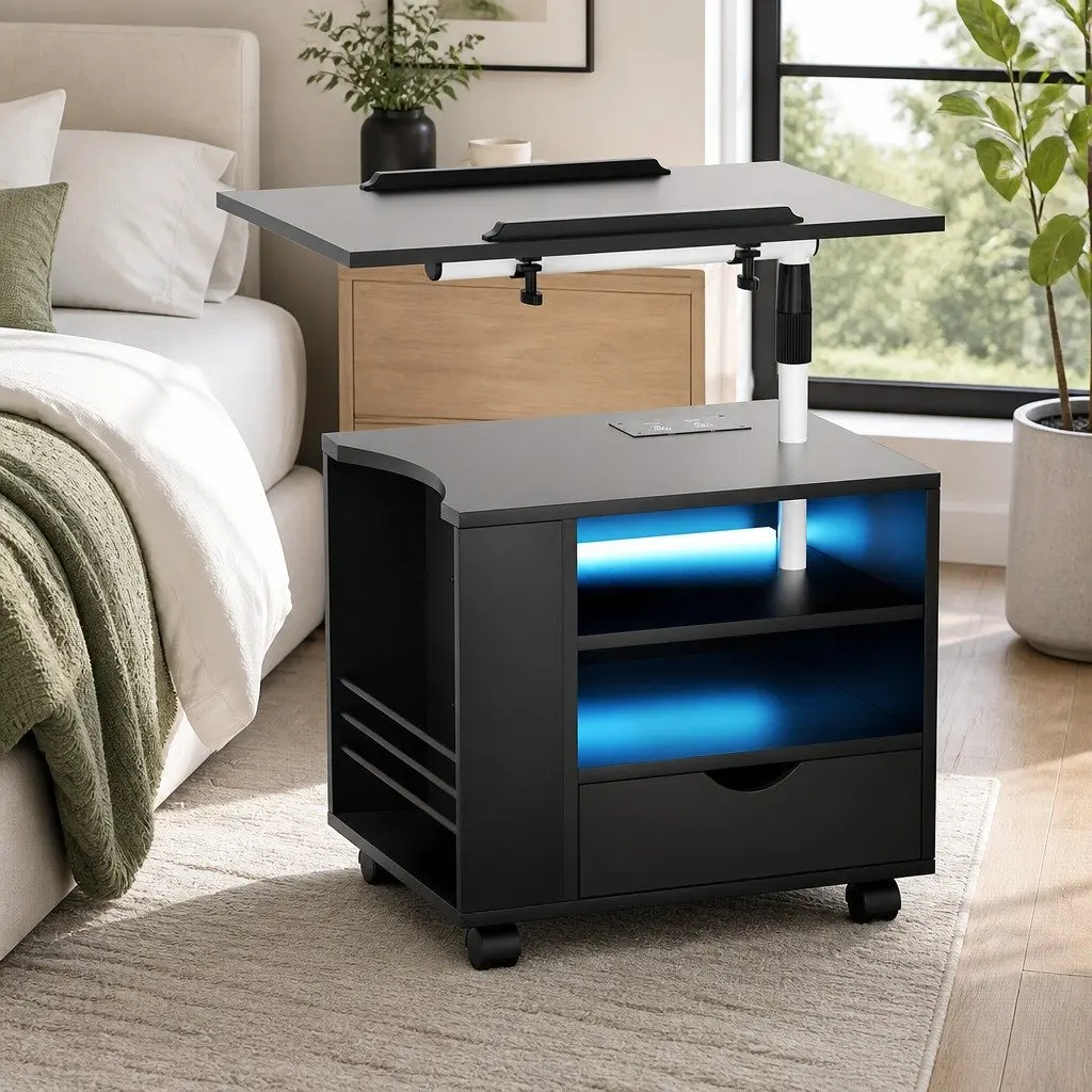 Black Bedside Table with Adjustable Tray