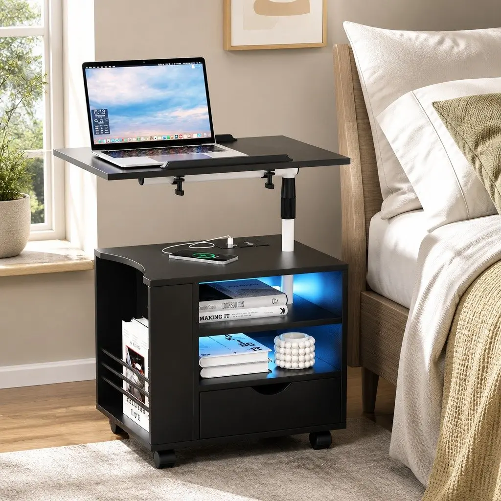 Black Bedside Table with Adjustable Tray