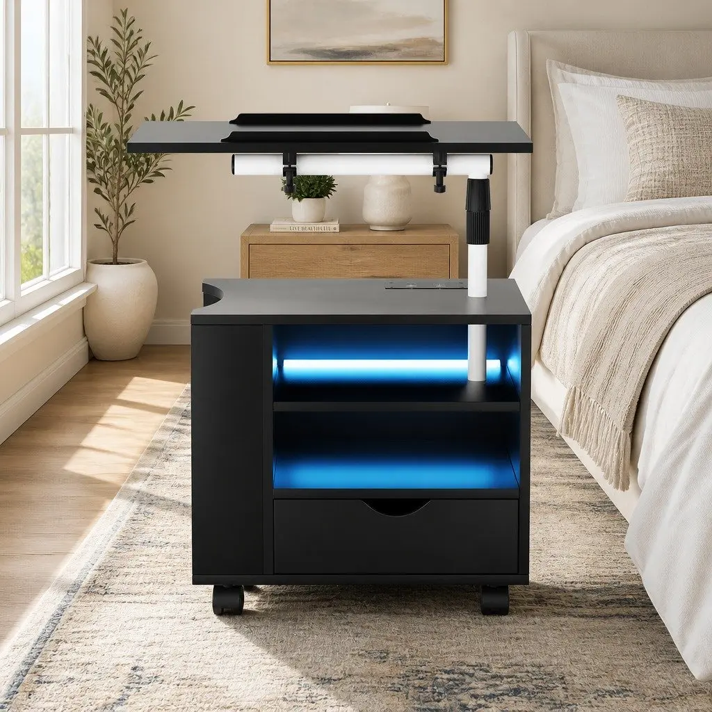 Black Bedside Table with Adjustable Tray