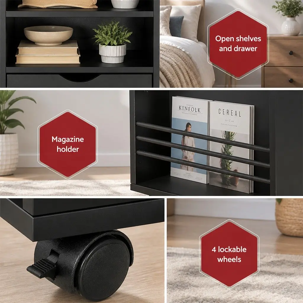 Black Bedside Table with Adjustable Tray