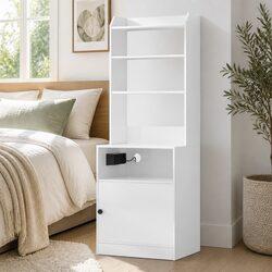 Bedside Table Nightstand with Charging Station White Bedroom Storage Furniture
