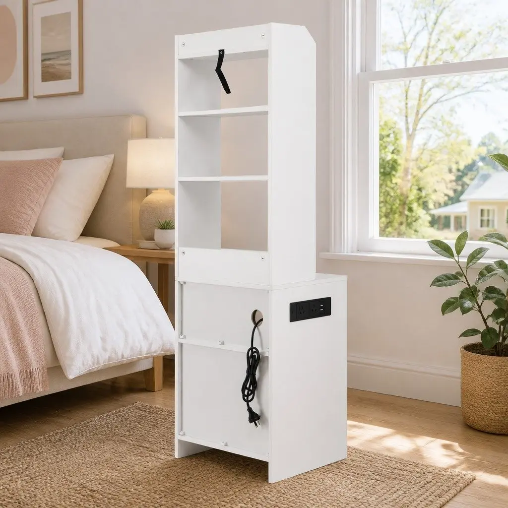 Bedside Table Nightstand with Charging Station White Bedroom Storage Furniture