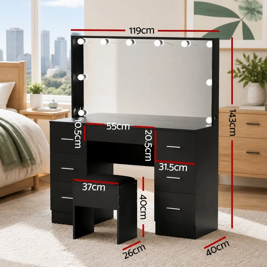 Black Dressing Table Vanity Set with Stool