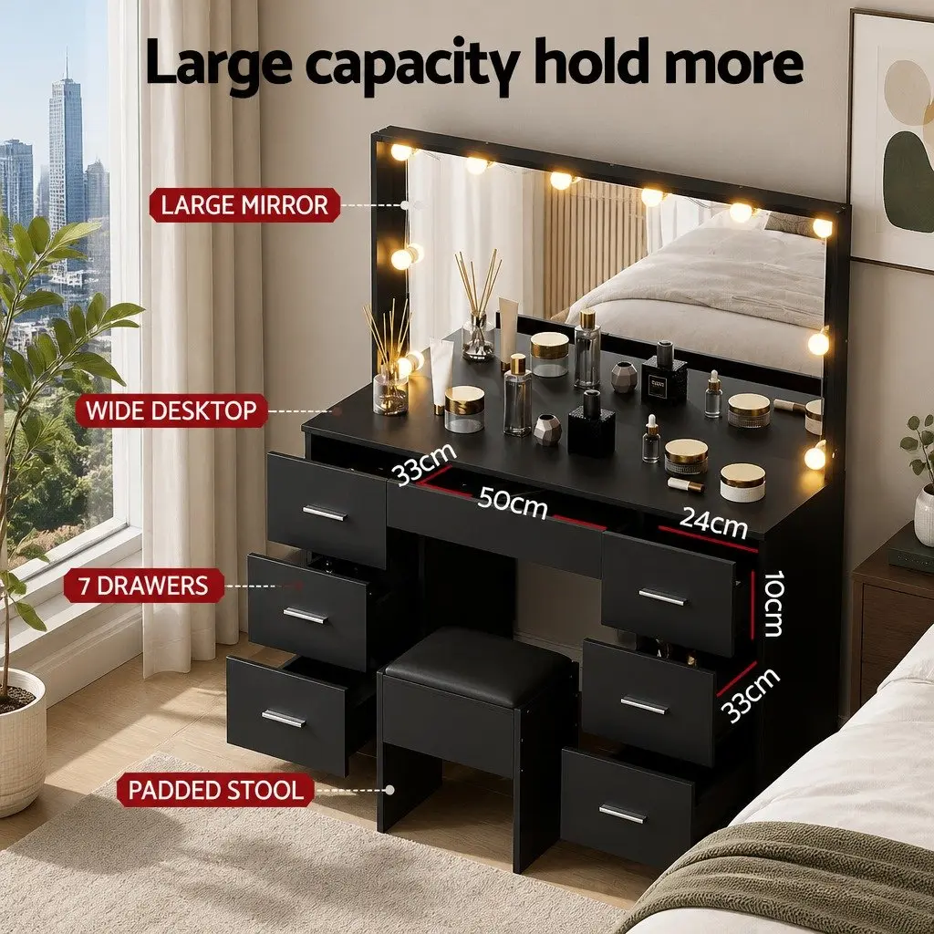 Black Dressing Table Vanity Set with Stool