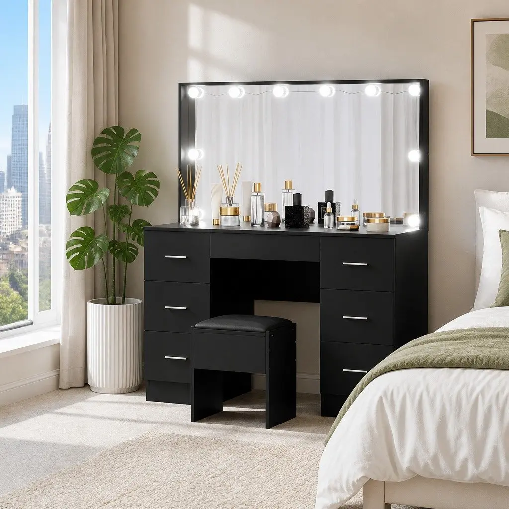 Black Dressing Table Vanity Set with Stool