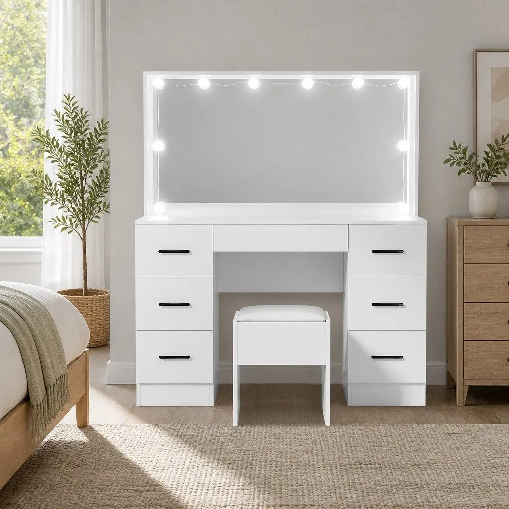 Dressing Table Set with Stool 10 LED Bulbs Hollywood Mirror Vanity White