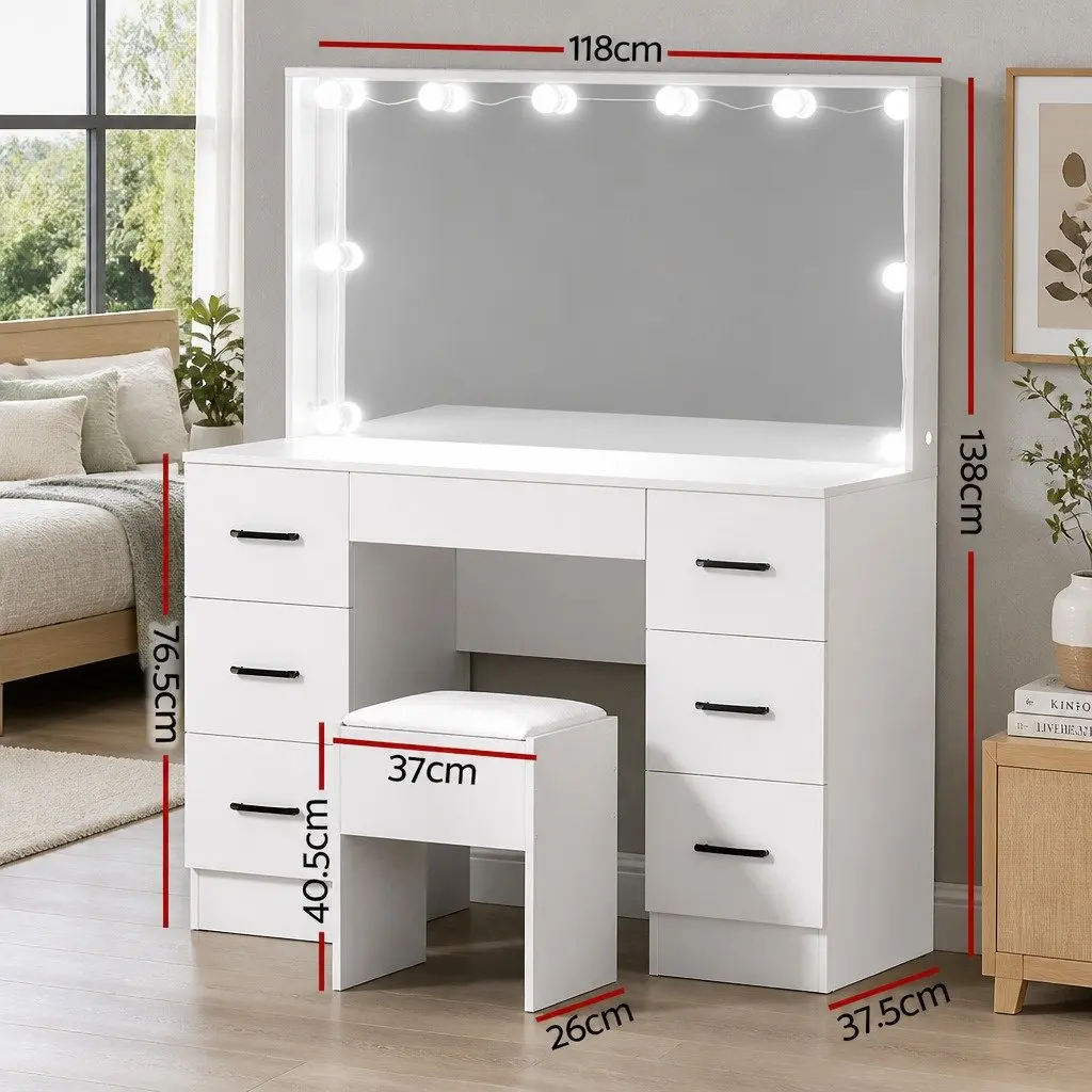 Dressing Table Set with Stool 10 LED Bulbs Hollywood Mirror Vanity White