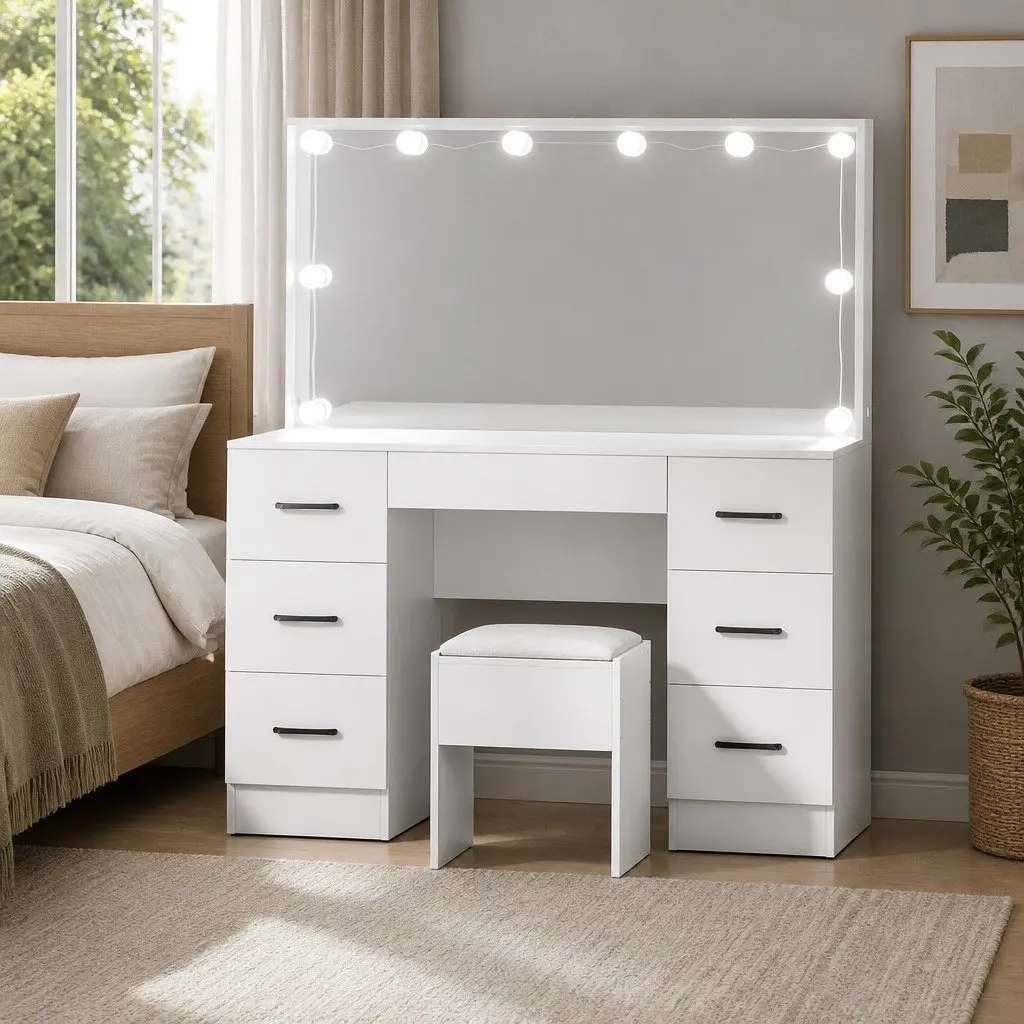 Dressing Table Set with Stool 10 LED Bulbs Hollywood Mirror Vanity White