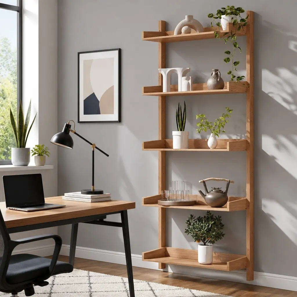 Floating Bookshelf 5-Tier Open Foldable Display Shelf Oak Wood Living Room
