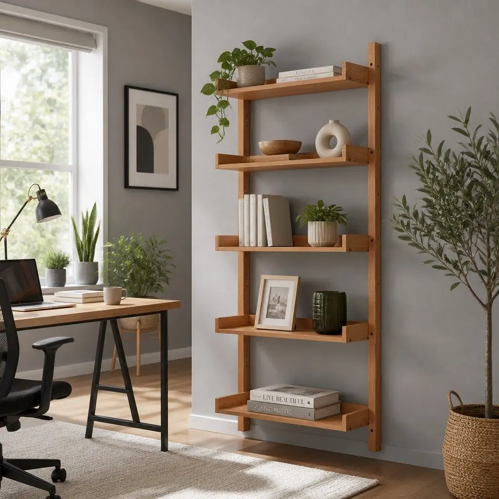 Floating Bookshelf 5-Tier Open Foldable Display Shelf Oak Wood Living Room
