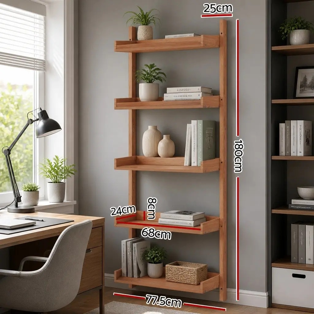 Floating Bookshelf 5-Tier Open Foldable Display Shelf Oak Wood Living Room