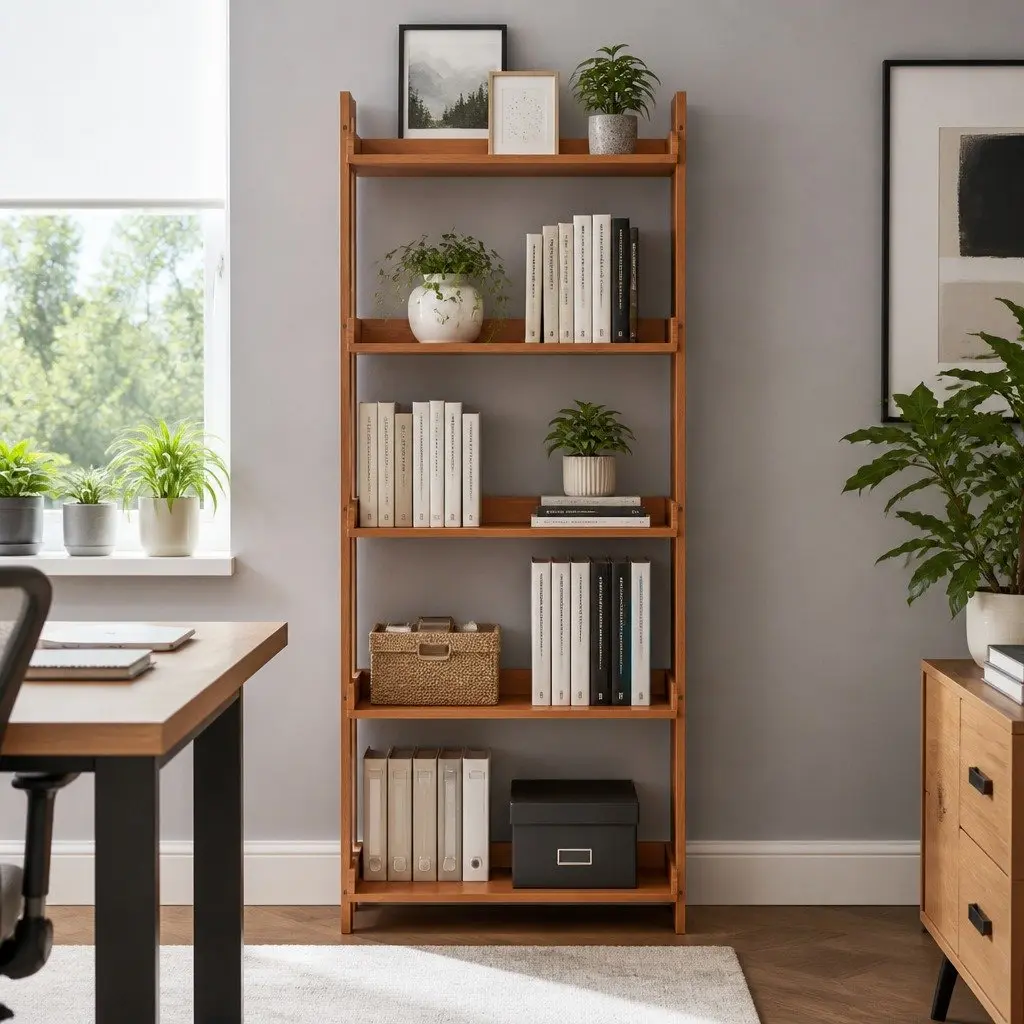 Floating Bookshelf 5-Tier Open Foldable Display Shelf Oak Wood Living Room