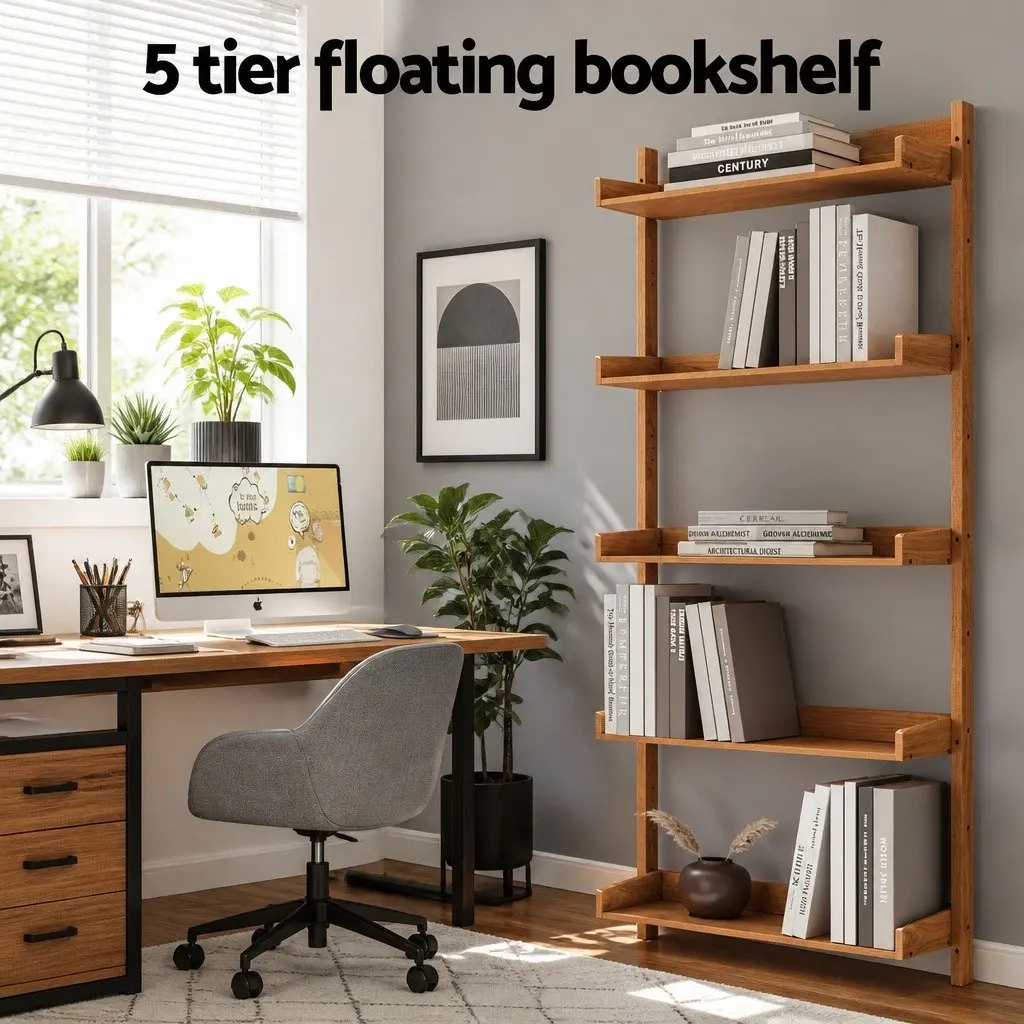 Floating Bookshelf 5-Tier Open Foldable Display Shelf Oak Wood Living Room