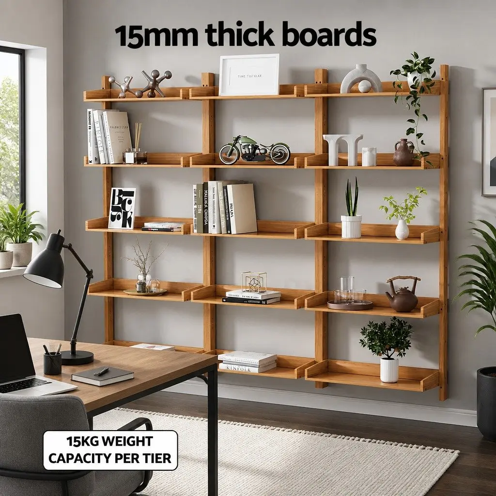 Floating Bookshelf 5-Tier Open Foldable Display Shelf Oak Wood Living Room