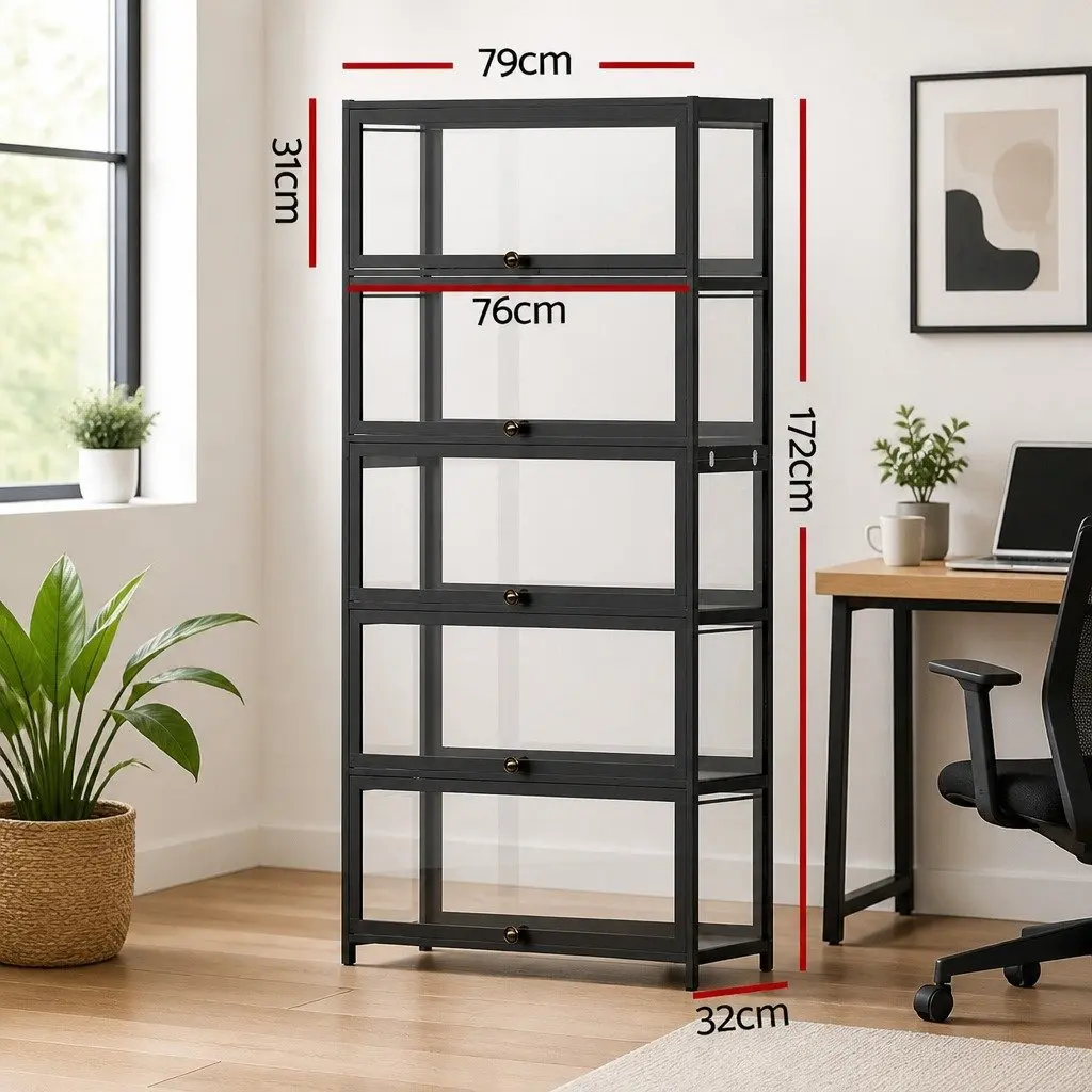 5-Tier Display Cabinet Storage Bookshelf Living Room Black Acrylic Panel