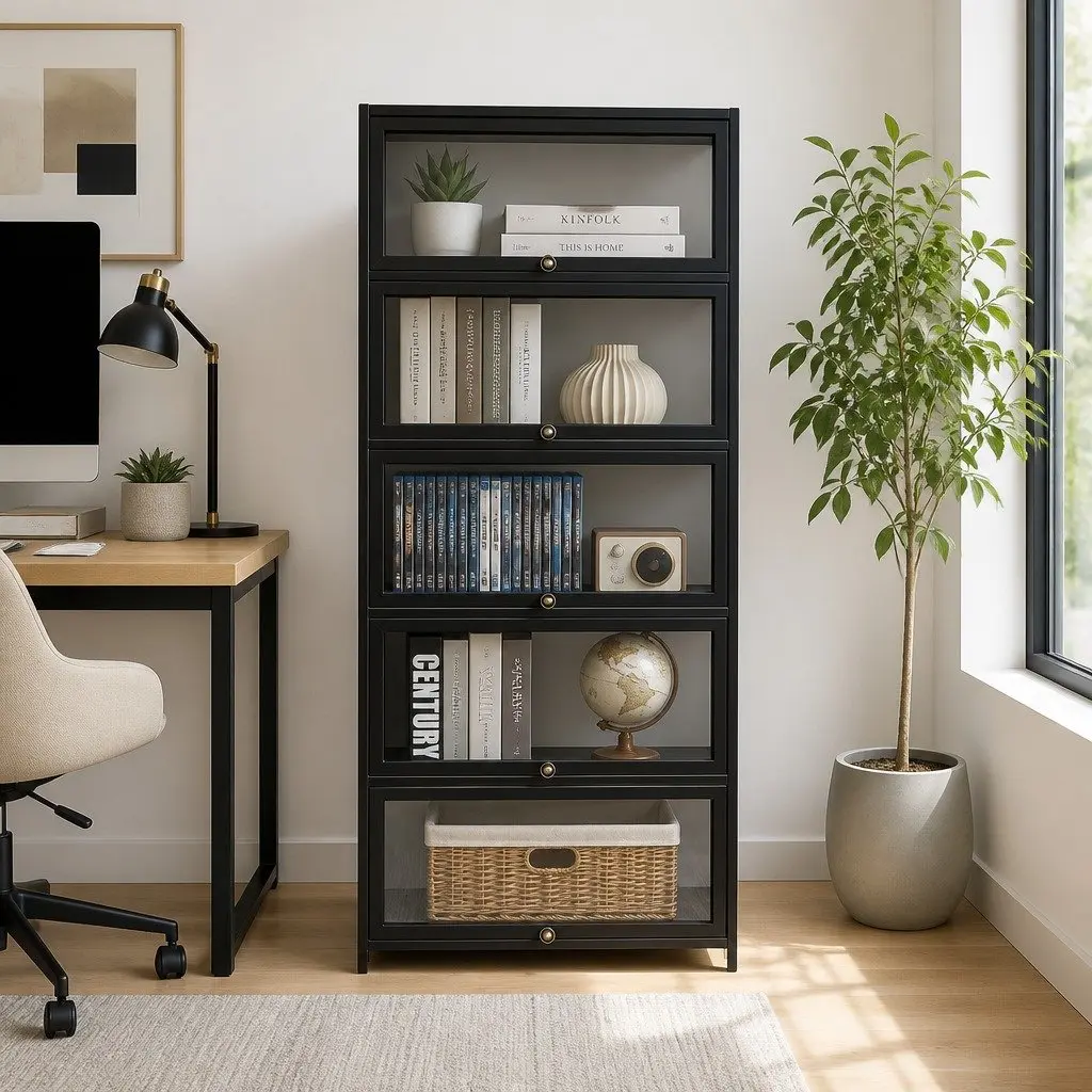 5-Tier Display Cabinet Storage Bookshelf Living Room Black Acrylic Panel